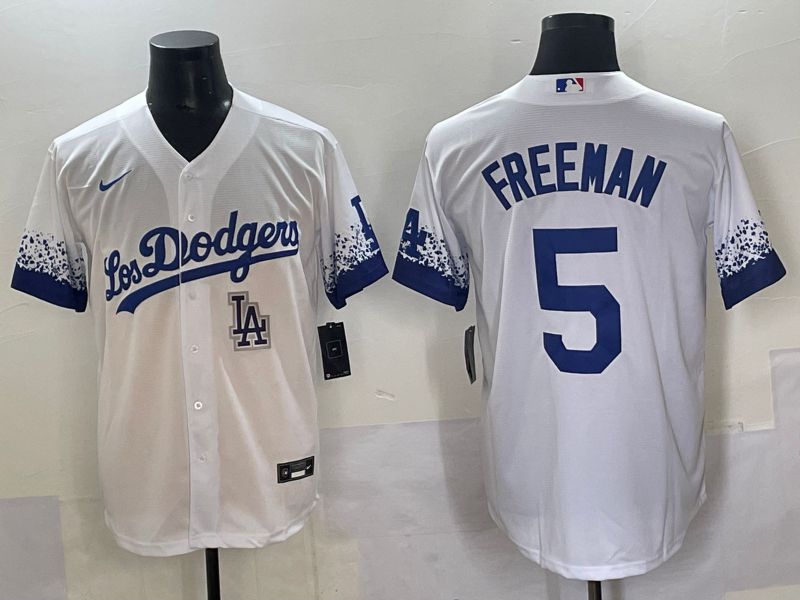 Men Los Angeles Dodgers 5 Freeman White blue City Edition Nike MLB Jersey style 9